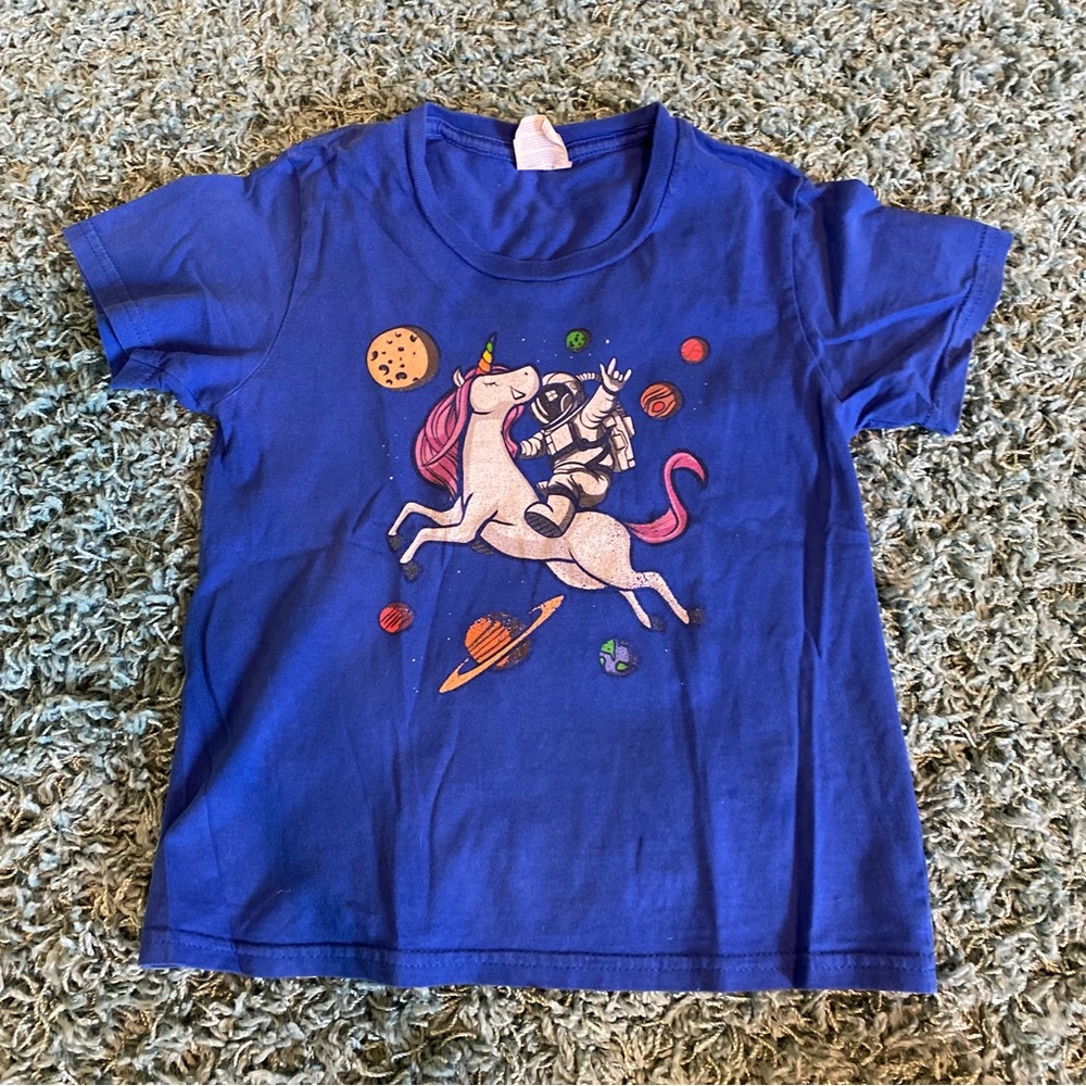 Girls Unicorn Astronaut Outer Space Blue T-shirt